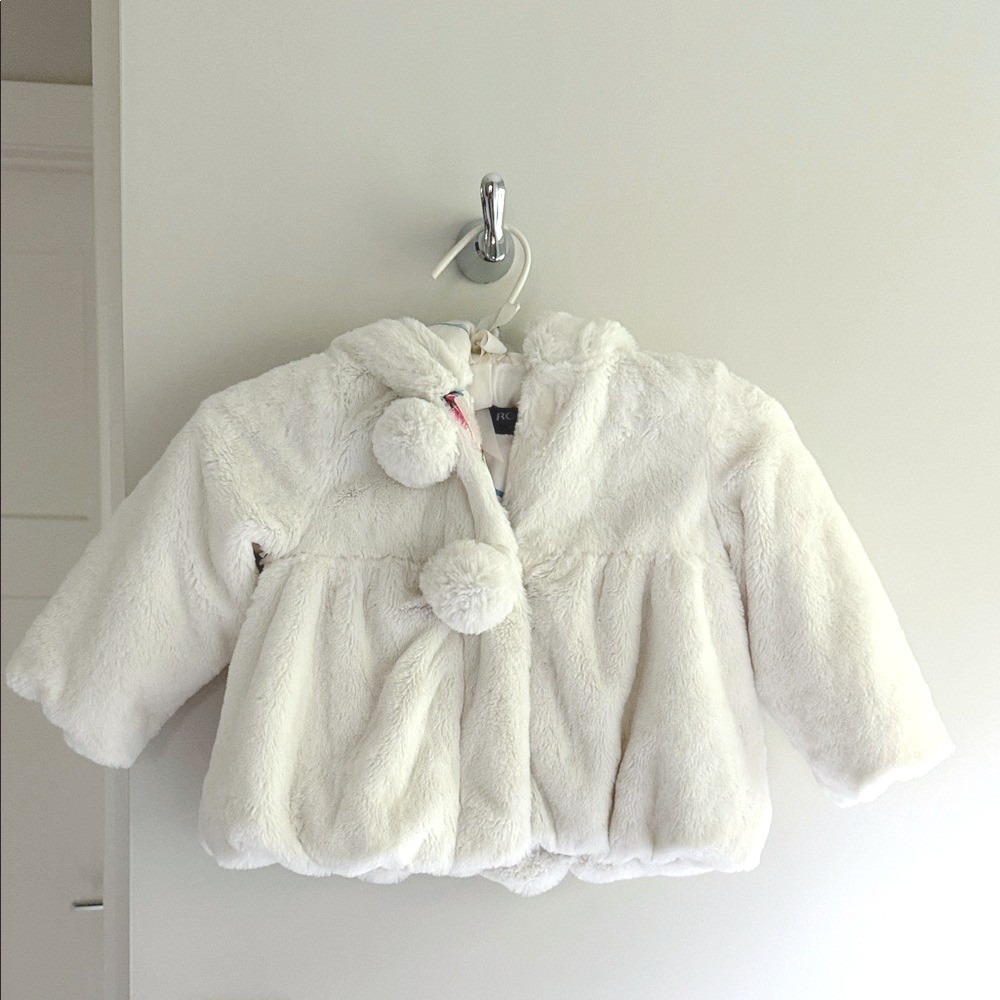 Rothschild Baby Girl White Faux Fur Hooded Coat Floral Lining 24M Pom Pom Jacket